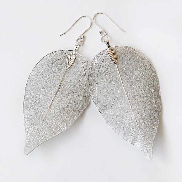 RESTOCKED Silver Dipped Leaf Skeleton Earrings - Picture 2 of 3